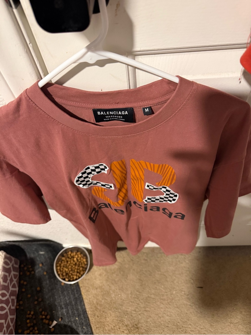 Balenciaga Men’s Dusty Rose Graphic Logo Tee with Orange & Black Accents